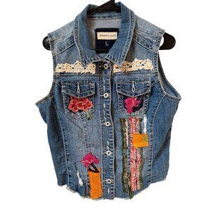 Womens Embroidered Upcycled Denim Vest, Size L, Birds, Floral, Patchwork, Boho